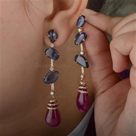 18K Gold Ruby Blue Sapphire Diamond Earrings